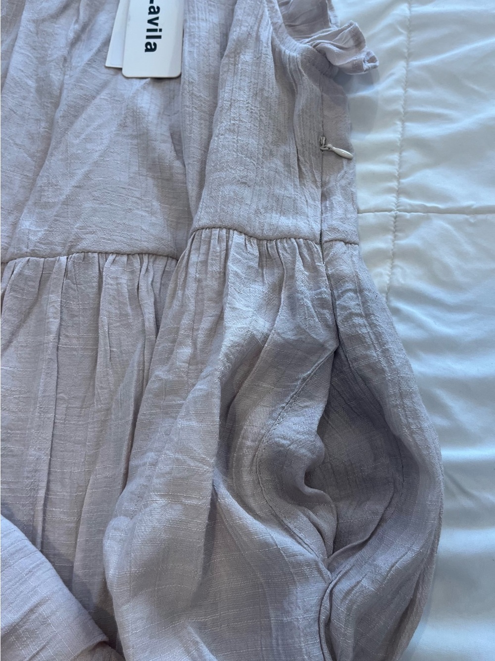High Neck Ruffle Gauze Dress MEDIUM Beige Tan Tiered Midi Cottage Pockets NWT - Picture 7 of 14
